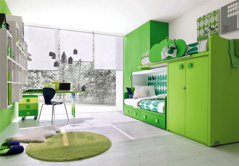 Modern-Green-Kids-Room-with-Study-Desk-and-Glass-Wall