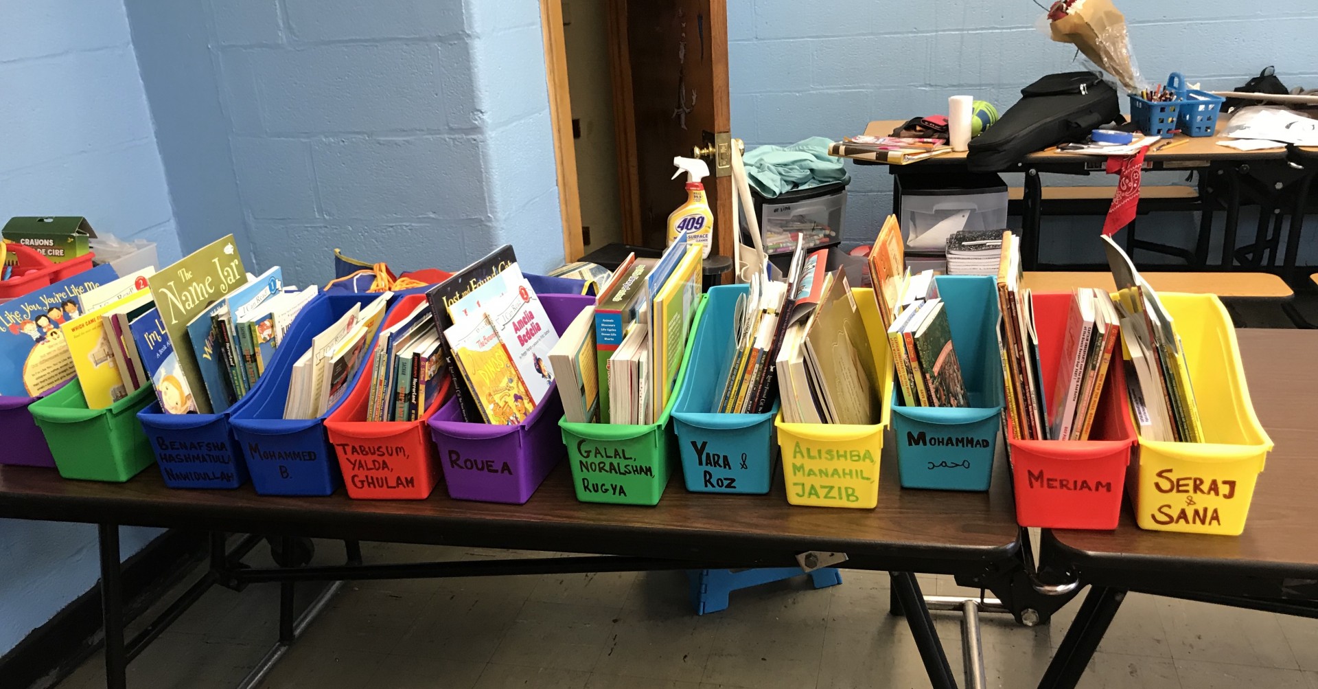 The book caddies that I put together for the refugee children.