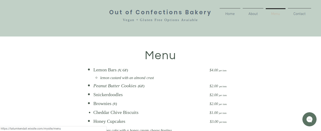 Screenshot of my menu page on my website