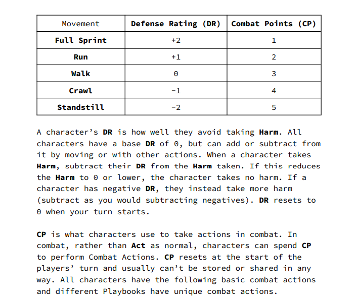A snippet of the combat rules