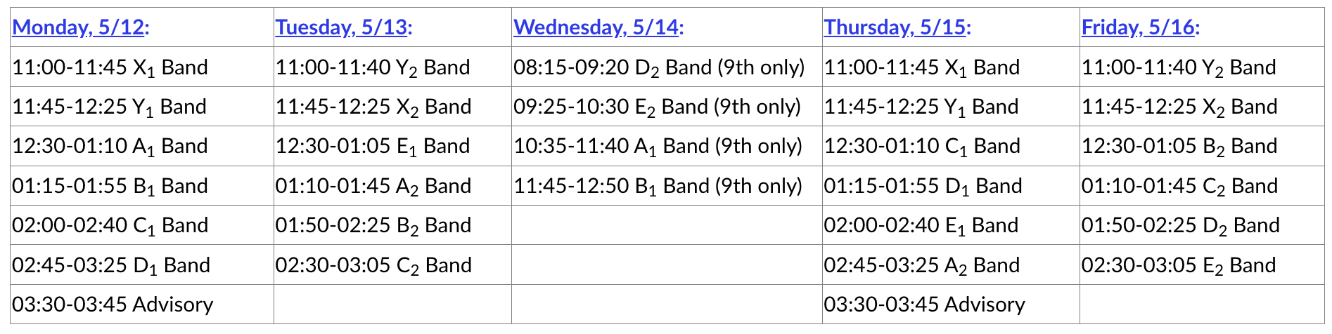 Modified Class Schedules