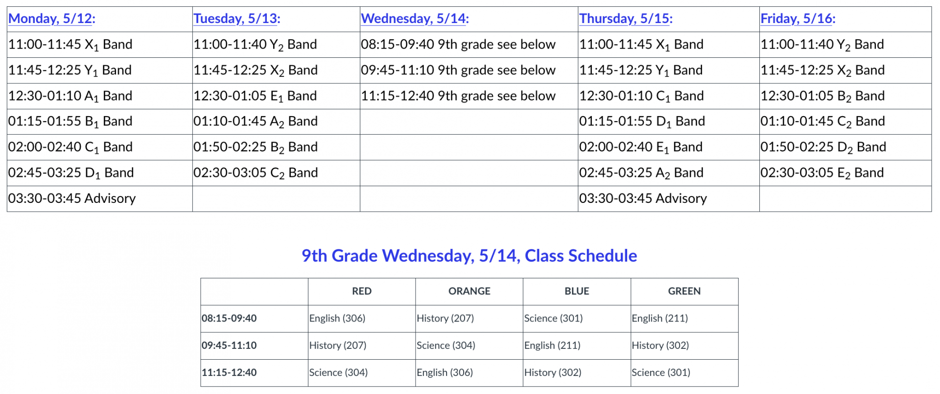 Daily Class Schedules